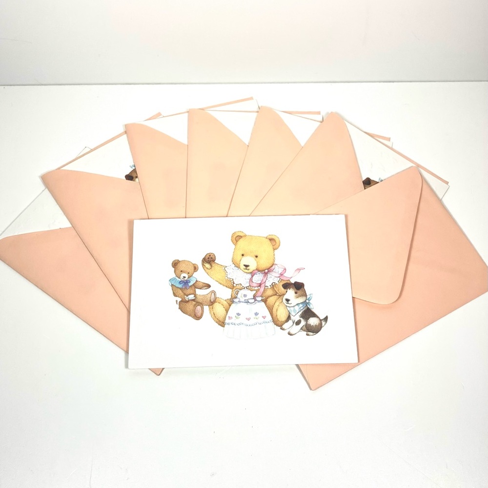 7 Vintage Textured Teddy Bear Tea Party Blank Notecards, Current, R. Dean Grist